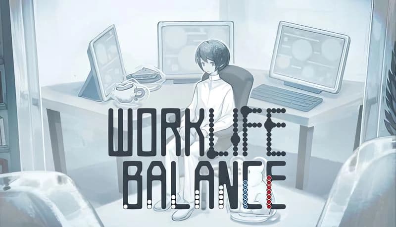 Work Life Balance: Young man in white sits at computer desk in modern office, with multiple screens and coffee mug nearby.