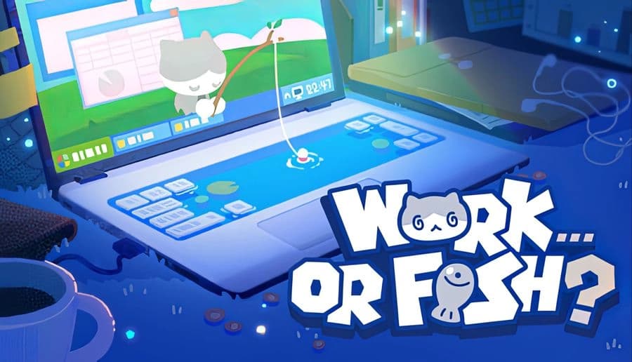 Work...Or Fish?: white cat fishing with a rod on a laptop screen glowing on a desk in a blue neon-lit room.