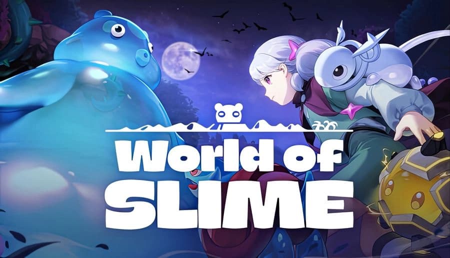 World of Slime: silver-haired young woman with round robot on her back faces giant blue slime under moonlit sky.