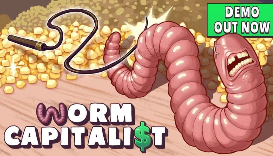 Worm Capitalist: Giant pink worm with open mouth rises from gold coins on dirt ground, biting a shovel nearby.