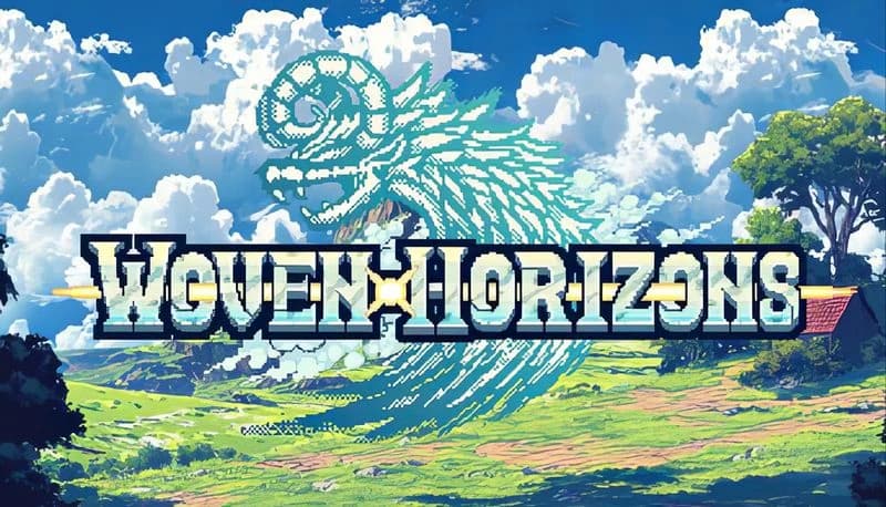 Woven Horizons: Vast landscape with pixelated sky dragon above lush fields under a bright blue sky, tree on the right.