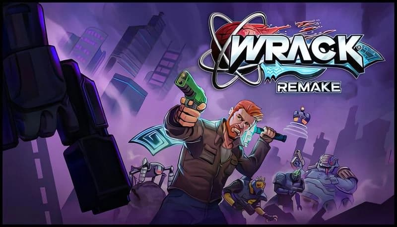 Wrack Remake: Bearded man dual-wields gun and sword, facing robot knights in neon-lit cityscape with skyscrapers behind.
