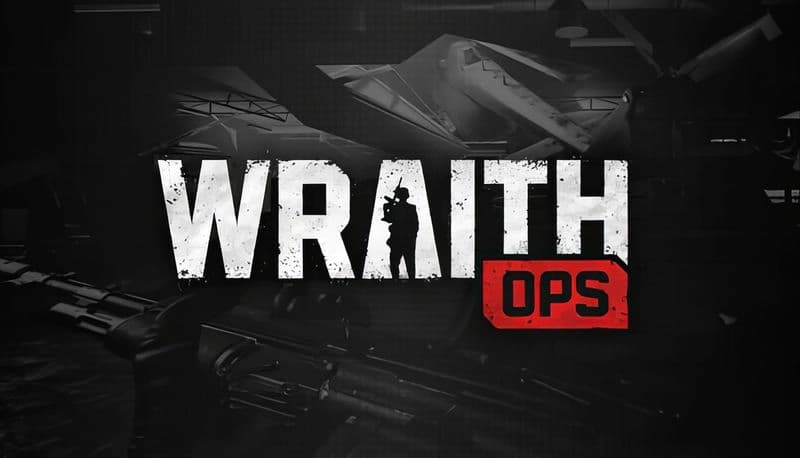 WRAITH OPS: Silhouette of soldier with rifle in dark hangar, surrounded by aircraft and machinery, ready for combat.