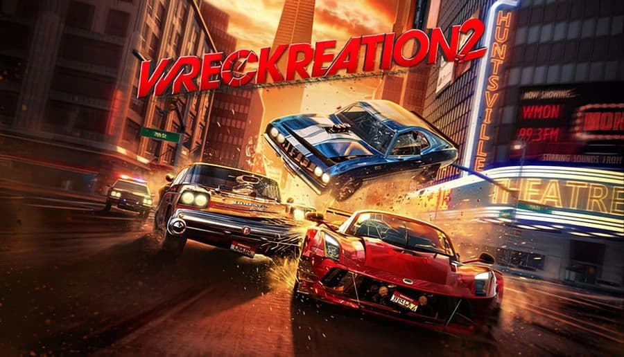 Wreckreation 2: Muscle car and red sports car race as blue car flips above them on neon-lit city street at night.