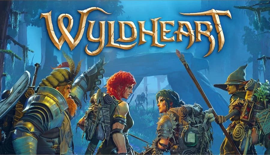 Wyldheart: Three armored adventurers face each other with weapons drawn in a misty forest of tall blue trees.