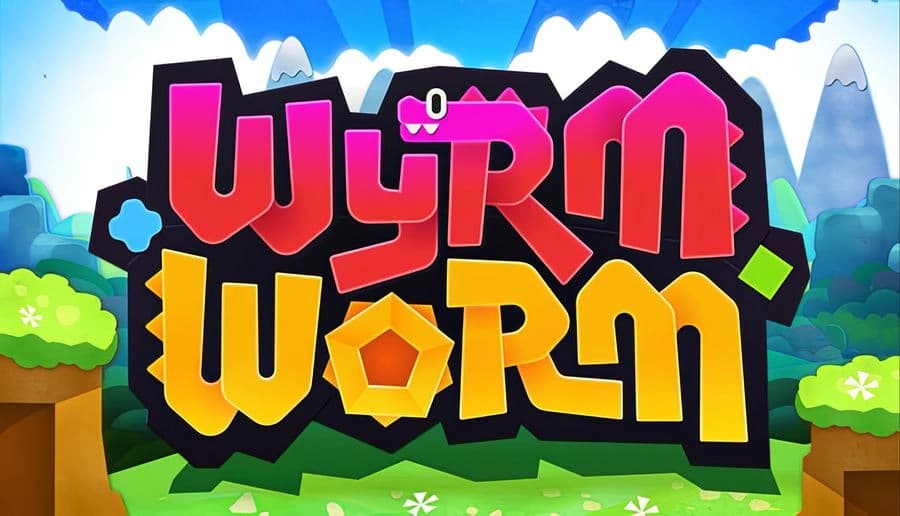 WyrmWorm: Bright, colorful game title on a dark gear-shaped sign in a cartoon landscape with clouds and hills.