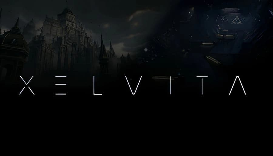 XELVITA: Massive gothic stone cathedral beside a futuristic hangar, with hovercraft lights and smoke under storm clouds.