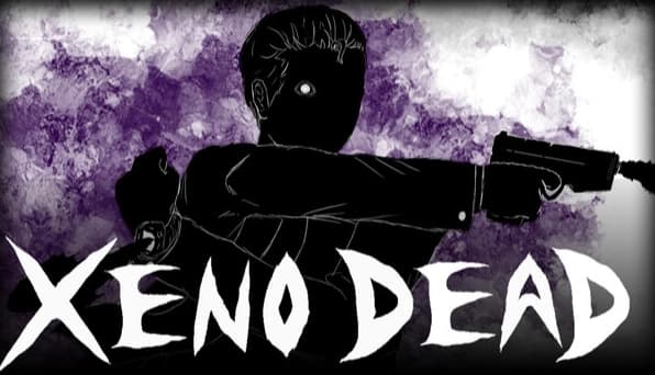 XENO DEAD: Shadowy male assailant aims gun against eerie purple backdrop, eyes glint with intensity amidst inky darkness.