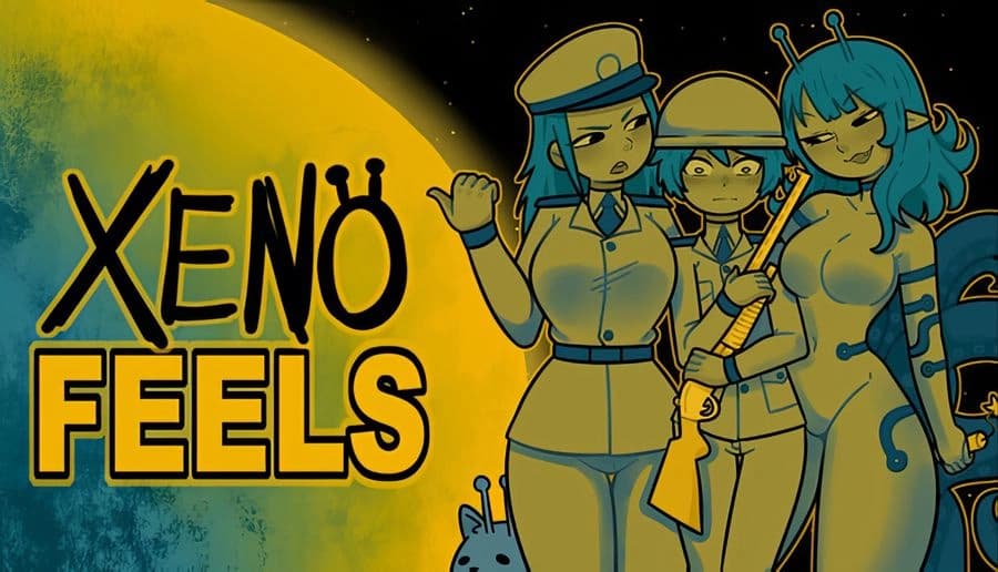 XenoFeels: three women in space uniforms and alien with antennae pose beside large yellow planet on dark starfield.