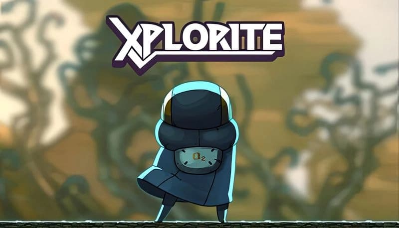 Xplorite: Young explorer in blue suit with oxygen tank stands on alien terrain with twisted trees in the background.