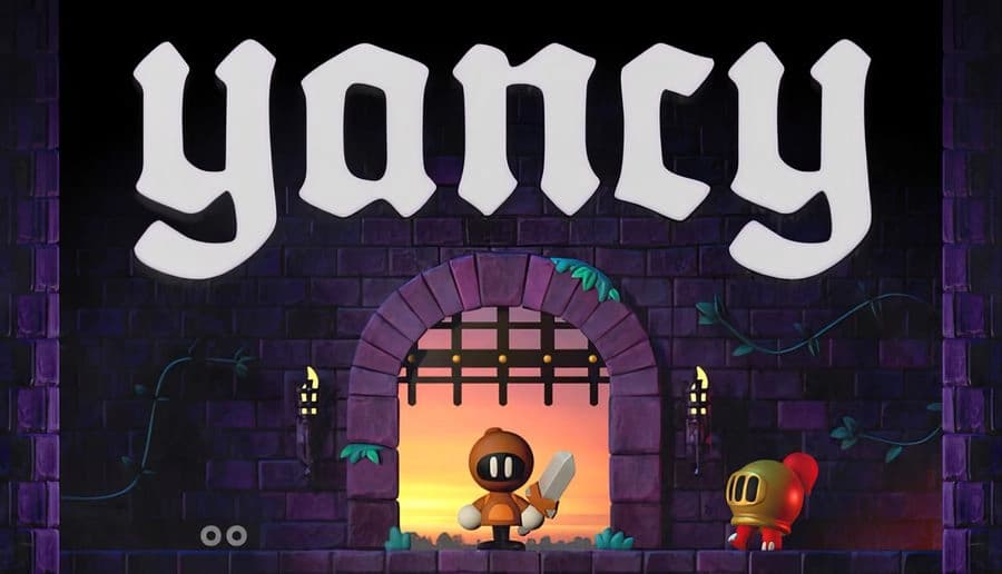 YANCY: Small masked hero with sword faces red knight by a barred gate inside a purple brick dungeon corridor.