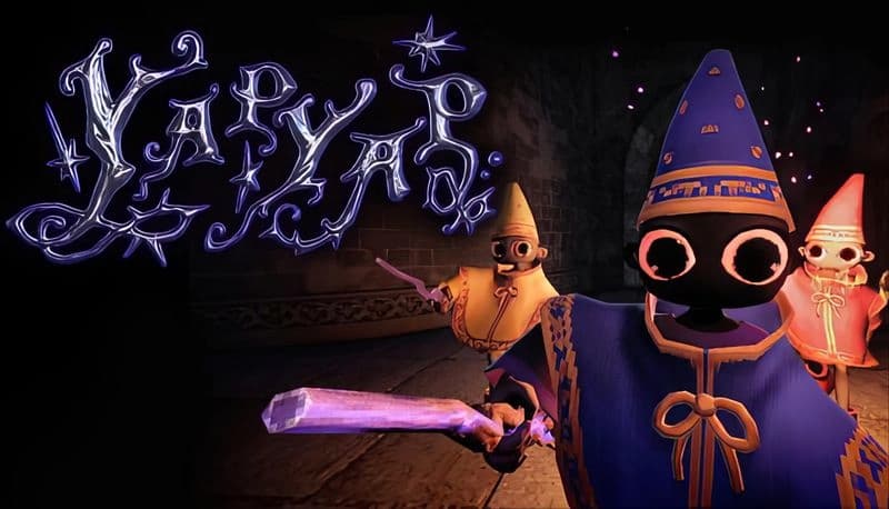 YAPYAP: Three robed figures wearing pointy hats wield glowing swords in a dimly lit stone hallway with mystical symbols.