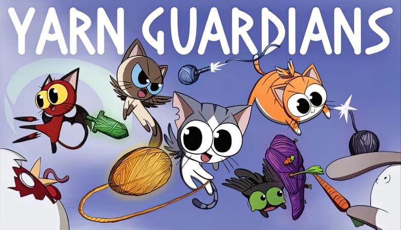 Yarn Guardians: Flying cats wield yarn balls in colorful sky, surrounded by playful creatures and knitting-themed elements.