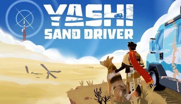 Yashi: Man and coyote face a blue van at desert edge under blue sky, distant radio tower and wreckage ahead.