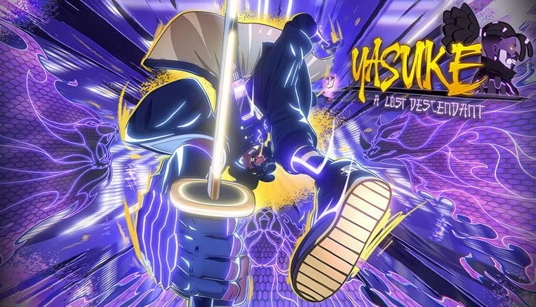 YASUKE: Cyberpunk samurai in glowing armor wields sword, leaping energetically against vivid, abstract purple backdrop.