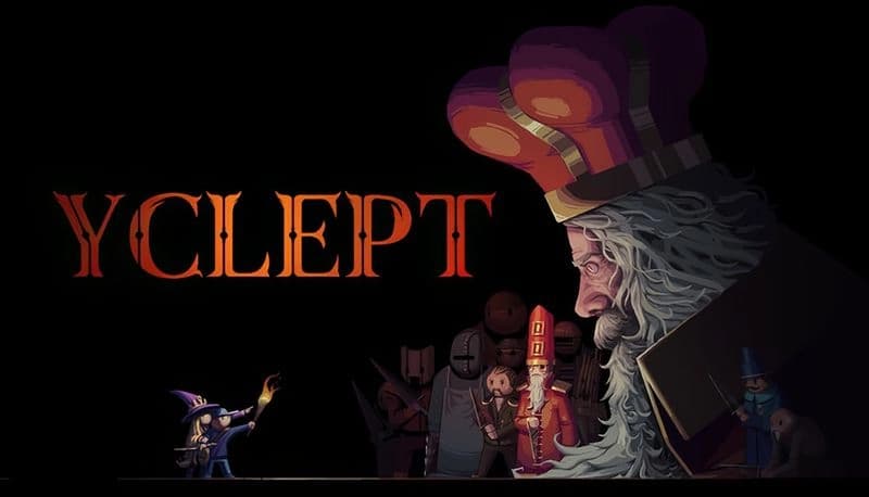 Yclept: Tiny wizard faces a towering bearded king in an ornate crown, with shadowy guards looming in a fantasy court.