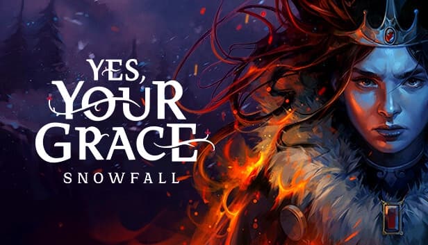 A determined queen with flowing red hair and a fiery cloak stands against a dark, snowy forest backdrop.