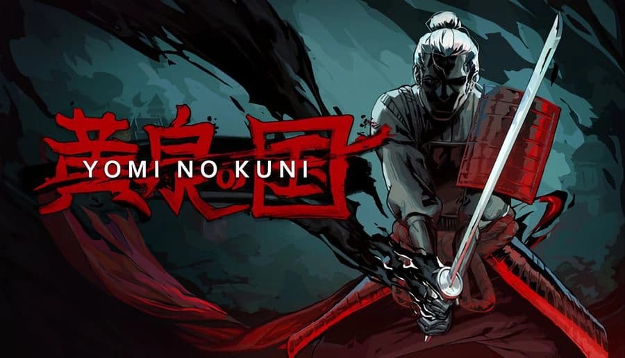 Yomi no Kuni: masked samurai grips katana over red-streaked monster skull in dark teal fog and smoke backdrop.
