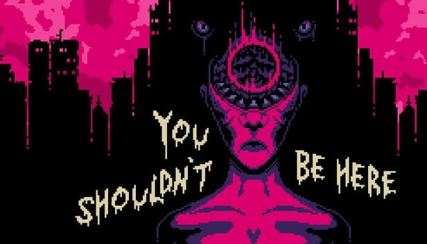 A man is bathed in pink light with his head's top half as a mouth with sharp teeth. A cityscape with eyes looms behind.
