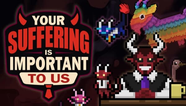 Your Suffering Is Important to Us: pixel demon manager at desk with mug and pen, imp staff behind in dark office.
