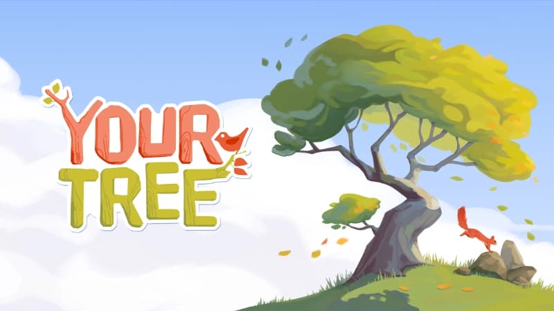 A lush green tree on a grassy hilltop with a small squirrel jumping towards rocks, set against clouds.