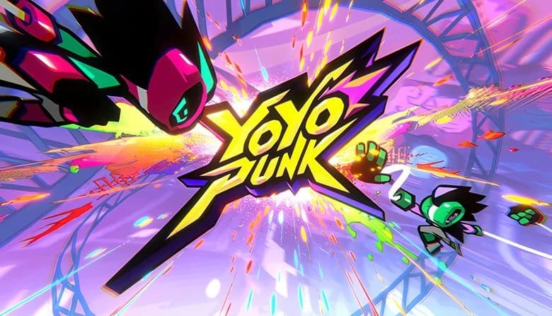 Two robot yoyo characters in vibrant colors clash mid-air in an intense arena, surrounded by arcs and colorful trails.