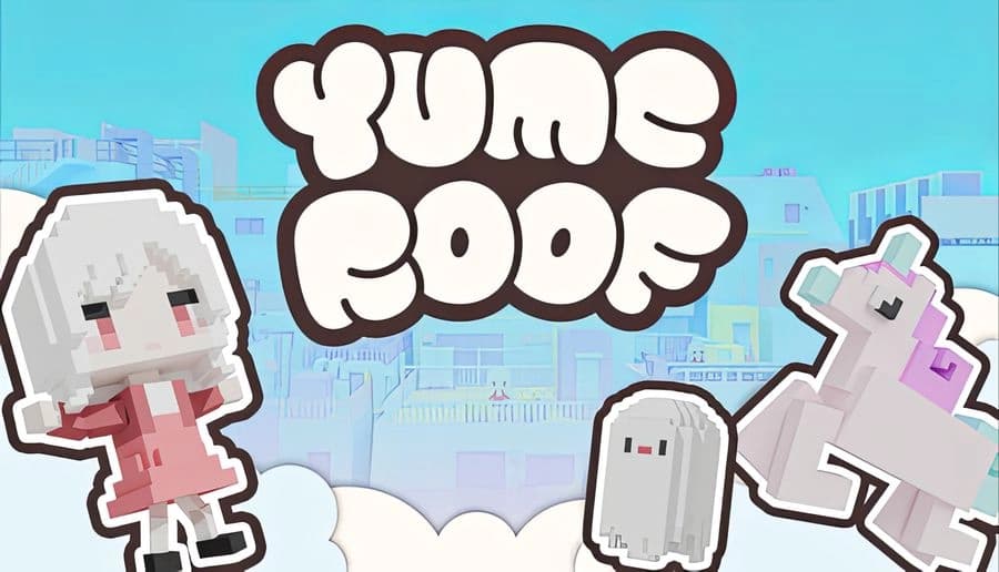 YUME ROOF: Young girl in voxel art with white hair and red dress stands beside a unicorn and ghost on a rooftop setting.
