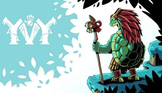 A turtle warrior with tribal armor and a staff stands on a cliff, surrounded by stylized foliage.