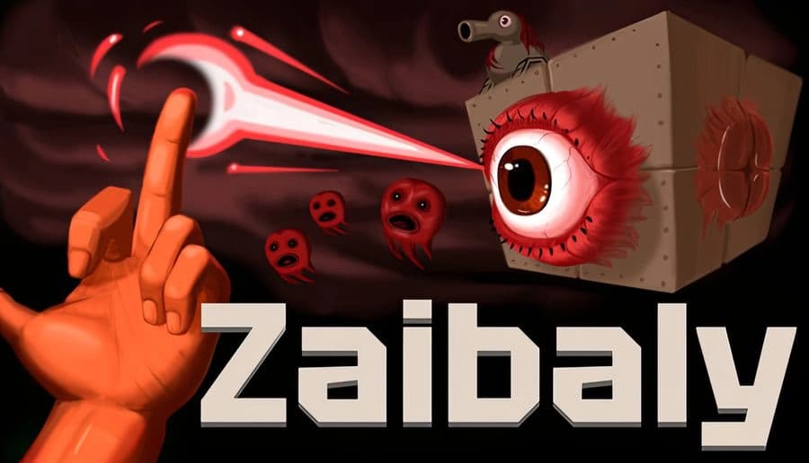 ZAIBALY: Orange hand points at glowing red scythe; floating eyeball-headed cube over dark clouds and faces.