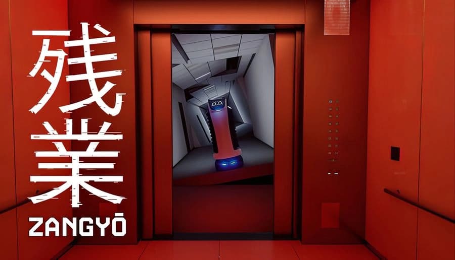 Zangyou: sleek AI terminal blocks elevator doorway red-lit office corridor with tilted ceiling panels and blue floor lights.