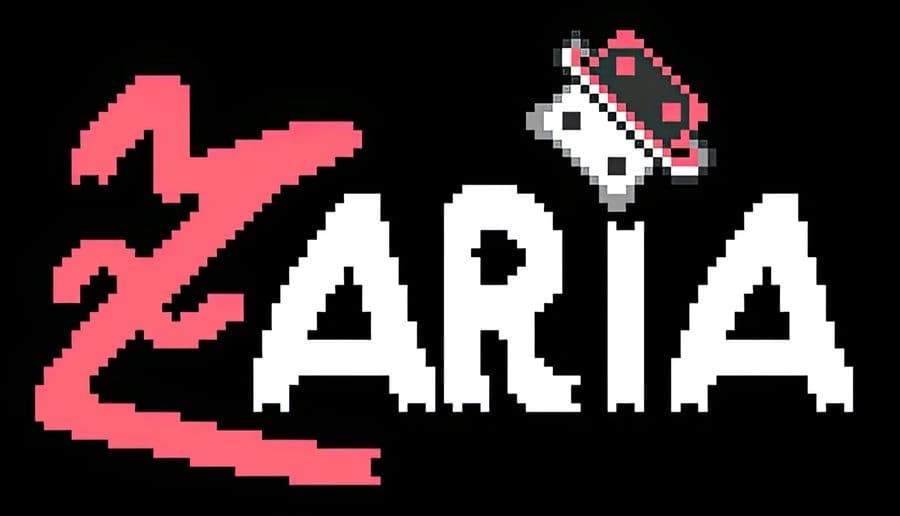 Zaria: White and black dice with pixel art style enhance stylized game logo on black background, featuring bold lettering.