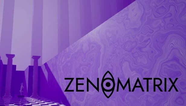 In a surreal purple environment, a white statue of a man stands in a hallway with towering columns and checkered tiles.