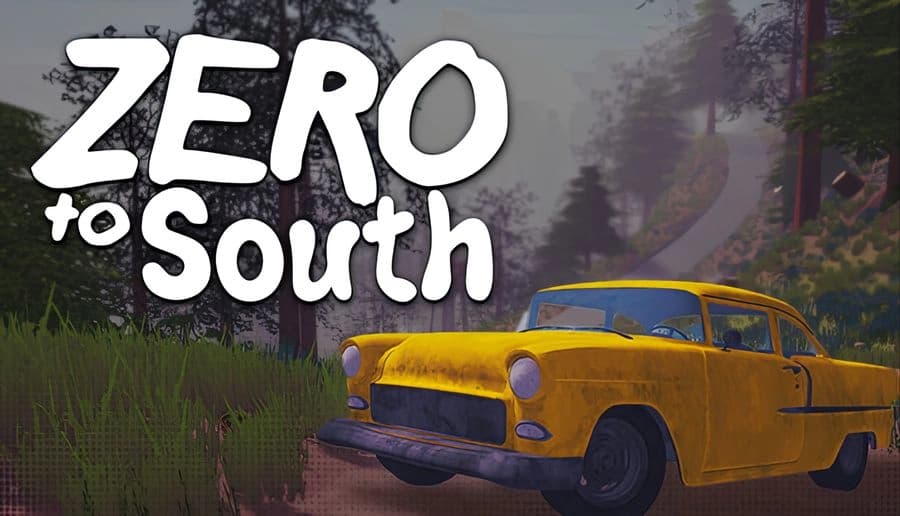 Zero To South: Yellow taxi parked on muddy roadside with tall grass, pine forest, and foggy hills behind it.
