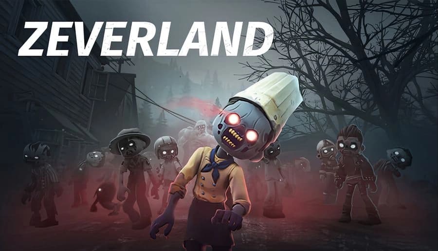 Zeverland: Robot chef with glowing red eyes stumbles forward as zombies crowd a foggy street with bare trees.