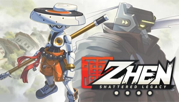ZHEN: robot monk with staff stands beside giant robotic animal head in a grey ruined cityscape background.