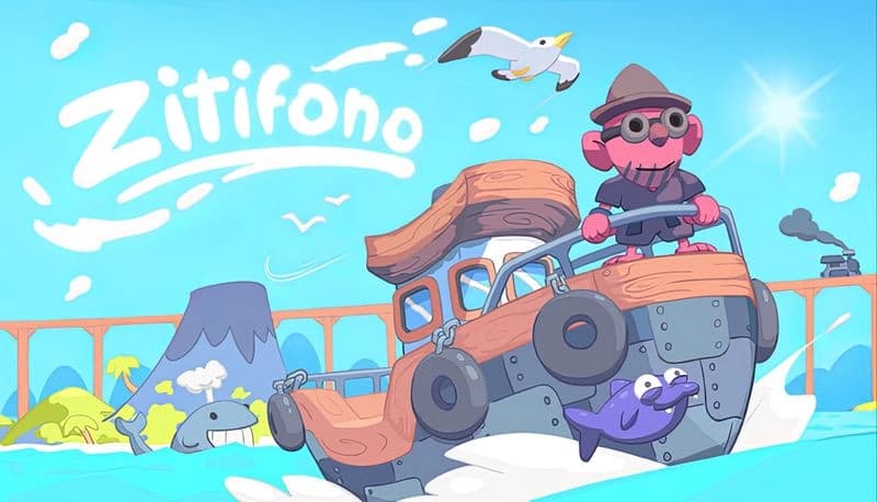 Zitifono: A pink-bearded man pilots a whimsical boat-car hybrid on the ocean, with a dolphin and seagull nearby under clear skies.