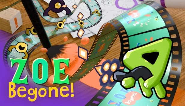 A green triangular figure sprints atop a film strip, launching projectiles at a flying creature nearby.
