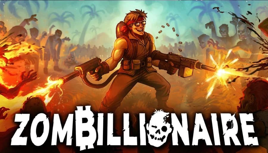 ZOMBILLIONAIRE: muscular man firing two guns at zombies amid explosions and palm trees in a smoky battlefield.