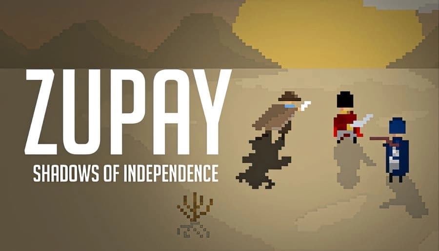 Zupay: three pixelated fighters with swords and capes face off in a desert at sunset with clouds overhead.