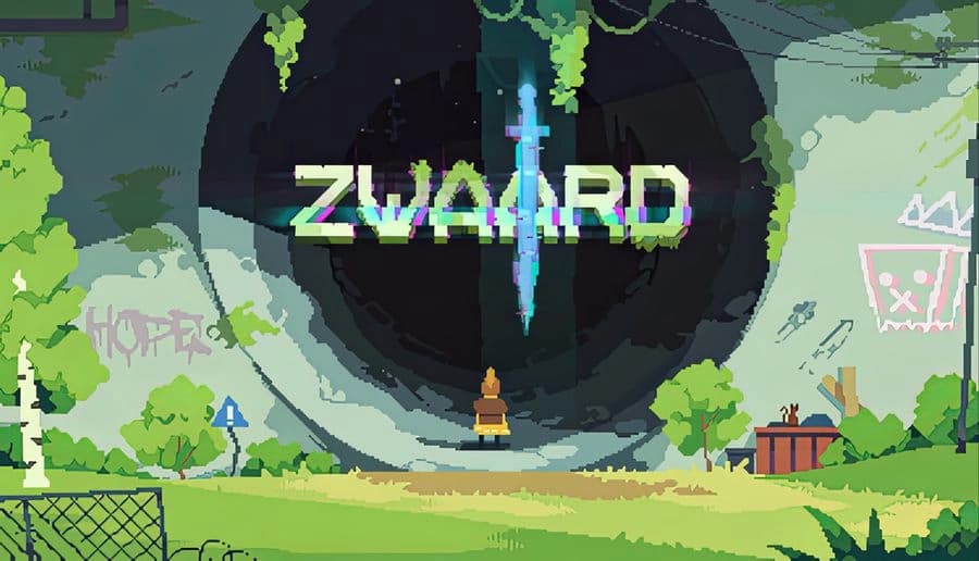 ZWAARD: Lone figure faces towering black portal with glowing sword beam over grassy ruins and trees under stars.