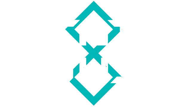 Stylized blocky text with angular cuts and blue diamond motifs.