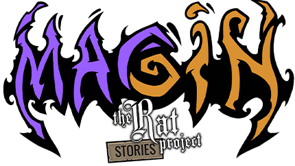 Stylized font with jagged edges and swirl elements, vibrant purple and orange.