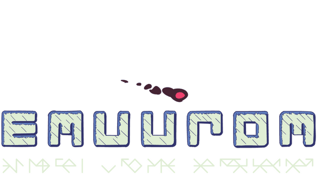 Stylized, rune-like font with geometric shapes and a red comet detail.