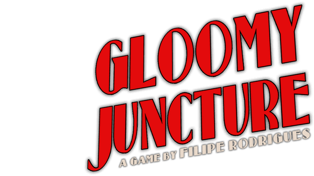 Red uppercase font, slanted and elongated; evokes noir style.