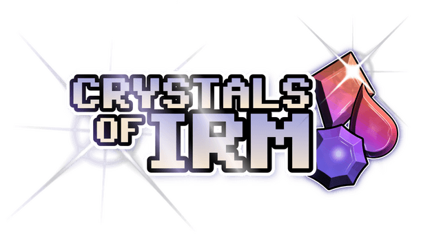 Pixelated font with a 3D effect; diamond, droplet, octagon crystals shine.