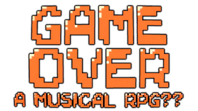 Pixelated blocky font with orange and white shading effect.