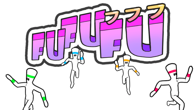 Purple bold blocky text with colorful figures running in headbands.