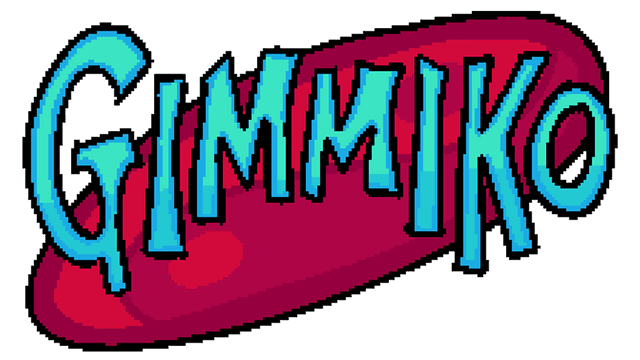 Pixelated turquoise letters with a playful tilt and bold red shadow.