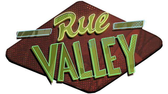 Curved script above bold green block letters, with shadow and lines.