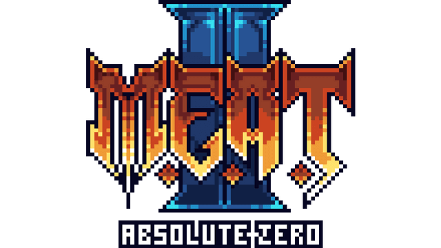 Pixelated font with fiery gradient and blocky geometric accents.